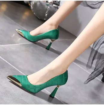 2023 Új Nő Rózsaszín Luxus Designer Fém Hegyes Stiletto Sekély Szája Egyetlen Cipő, Magas Sarkú Női Zöld Párt Cipő