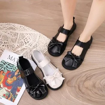 Comfort Lolita Cipő Női Lapos Cipő Kerek Toe Íj PU Bőr Női Ingázó Egységes Cipő Fél Cipő Japán Diákok Aranyos