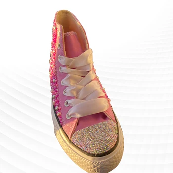Rózsaszín magas felső gyöngy, strasszos szalag kiegészítők, egyéni vászon cipő integrált athleisure cipő női cipő 35-40
