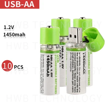 10DB Hordozható AA Elem 1450mAh 1.2 v USB Akkumulátorok USB-SEJT AA Újratölthető Akkumulátor LED Kijelző w Kiskereskedelmi Doboz