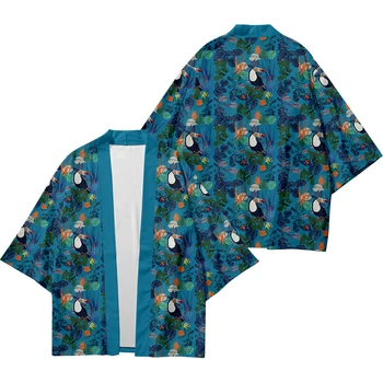 A férfiak, mind a nők Japán kimonó hagyományos művészeti trópusi növény nyomtatás alkalmi, laza, vékony kabát Ázsiai kimonó kardigán 1