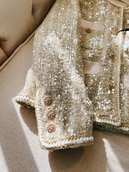 A Nők Tweed Kabát Francia Tökéletes Szépség Felső Streetwear Flitterekkel Hölgyek Elegáns Kiváló Minőségű Felsőruházati Rövid Arany Outwear Új
