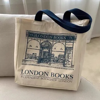 A Nők Vászon Válltáska London Könyveket Nyomtatott Női Alkalmi Táska Táska Újrafelhasználható Nagy Kapacitású Pamut Bevásárló Táska