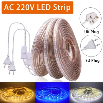 AC 220V LED Szalag Fény EU/UK Kapcsoló Csatlakozó 3014 SMD 120LEDs/m Vízálló, Flexibilis LED Szalag Szalag Fehér/Meleg Fehér/Kék