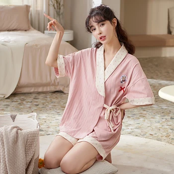 Aranyos Rózsaszín Japán Kimonó Pizsama, Női Pamut Loungewear 3XL Nagy Méretű Hálóruházat Íjak Női Hálóruha Mujer Haza Pijama