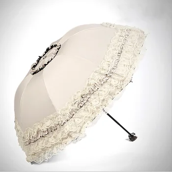 Csipke Esernyő Női Napernyő Eső Nap Paraguas mujer UV Védelem Fekete Összecsukható Hercegnő guarda chuva invertido Dekoráció