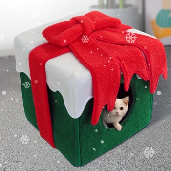 Karácsonyi Macska Fészek Téli Meleg Pet Ágy Kennel Zárt Cattery Karácsonyi Ajándék Doboz Puha Macska Ágy Macska Alszik Fészek
