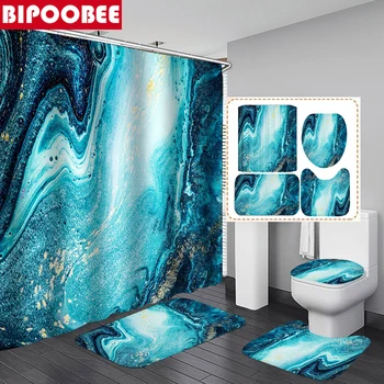 Kék Márvány zuhanyfüggöny 3d Vízálló Szövet Fürdőszoba Függöny Minimalista Művészi Festmény Kő Fürdő Szőnyeg, Szőnyegek Wc Fedelét