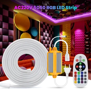 LED Szalag Lámpa Vízálló 220V SMD5050 Flexibilis RGB LED Szalag Távirányító 60Leds/m Kültéri LED Fehér Meleg Fehér