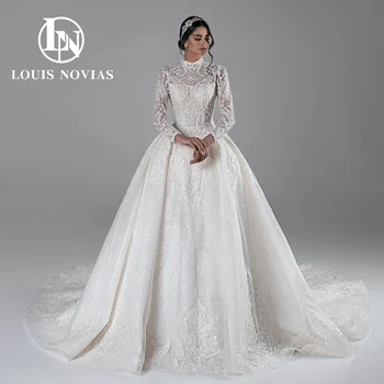 LOUIS NOVIAS Luxus Hosszú Ujjú Ball Ruha Esküvői Ruha 2023 MAGAS Hímzés, Gyöngyfűzés Gombot Royal Esküvői Ruha Vestidos De Novia