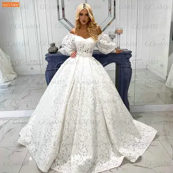 Luxus Fehér Csipke Esküvői Ruha 2021 Hosszú Ujjú vestido de noiva Le A Vállán palást de mariée princesse Sexy Menyasszonyi Ruhák