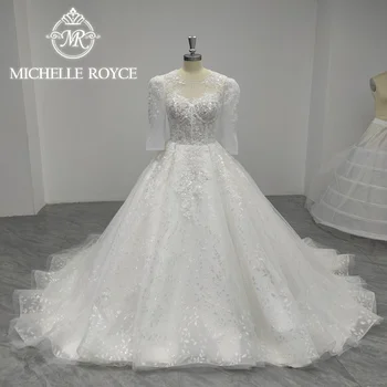 Michelle Royce Egy-Line Esküvői Ruha Női 2023 Gyönyörű KANÁL Gyöngyös Hímzett Flitteres Esküvői Ruha Vestidos De Novia