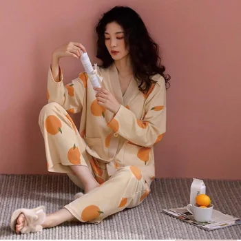 Narancs nyomtatott V-nyakú Pizsama szett Női divat alkalmi pizsama egysoros haza ruha, puha, kényelmes női