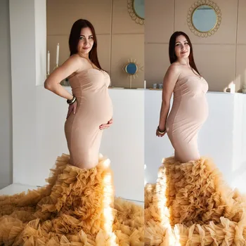 Pezsgőt! Hableány Kismama Ruha Fotózás Többszintű Fodros Tüll Puffadt Bolyhos Terhesség Ruha Szexi Pántnélküli A Babyshower