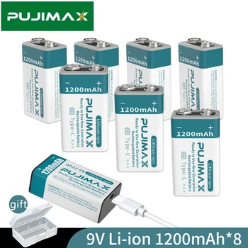 PUJIMAX 1200mAh Li-ion Újratölthető Akkumulátor 1/2/4/6/8/10db 9 v-os Lítium Elem a C Típusú Kábel Multiméter Mikrofon Riasztás