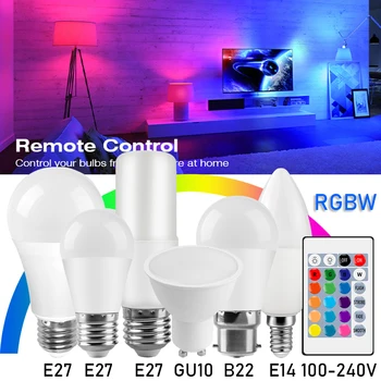 RGBW LED Dimmer Izzó E27 E14 GU10 B22 110V, 220V Hely Mágikus Cserélhető Lámpa 100-240V Lampada+IR Vezérlés Dekoráció