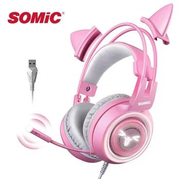 SOMIC G951 Rózsaszín Macska Füle RGB Világítás Vezetékes Gaming Fejhallgató Mikrofon, USB Interfész 7.1 Csatorna Számítógép Laptop Dedikált Fülhallgató