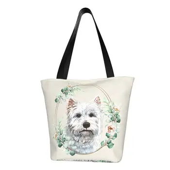 West Highland White Terrier Kutya Virágos Arany Koszorú Vásárlás Tote Bags Tacskó, Állatbarát-Vászon Élelmiszert Váll Shopper Táska