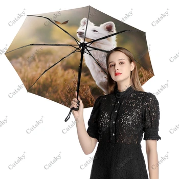 Állat - Fehér Pásztor Esernyő Eső Nők 3-Összecsukható Teljesen Automata Esernyő Nap Elleni Védelem Kültéri Utazási Eszköz Parapluie