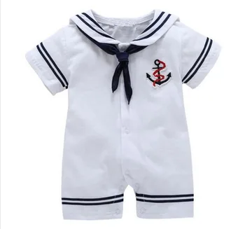 Újszülött baba ruha Fehér Tengerész egyenruhát nyári baba hacukában Rövid ujjú egy darab kezeslábas baba fiú lány ruha